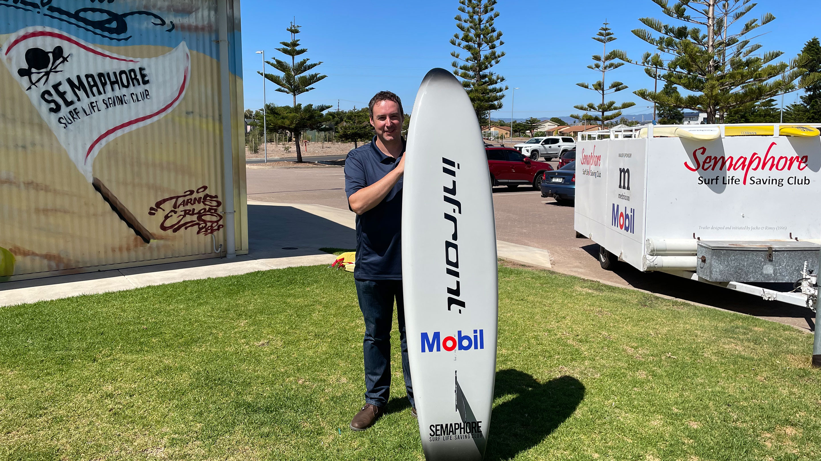 Image Aaron Bandy visits local community partner organisation Semaphore Surf Life Saving Club.