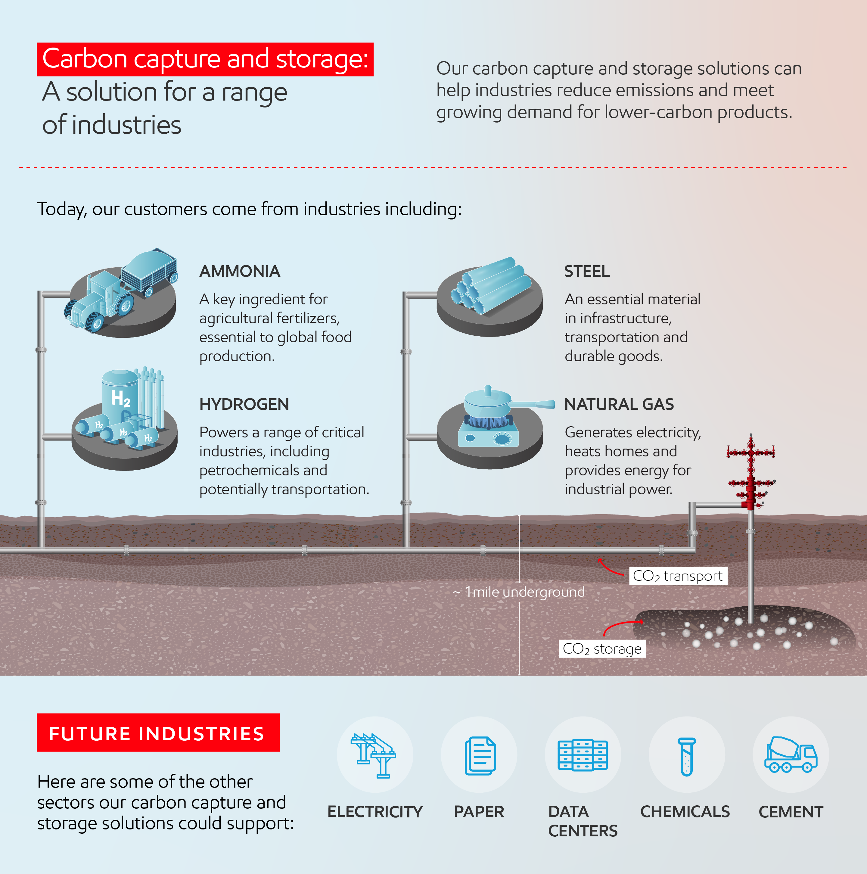 An infographic displaying various carbon capture and storage solutions for a range of industries. 