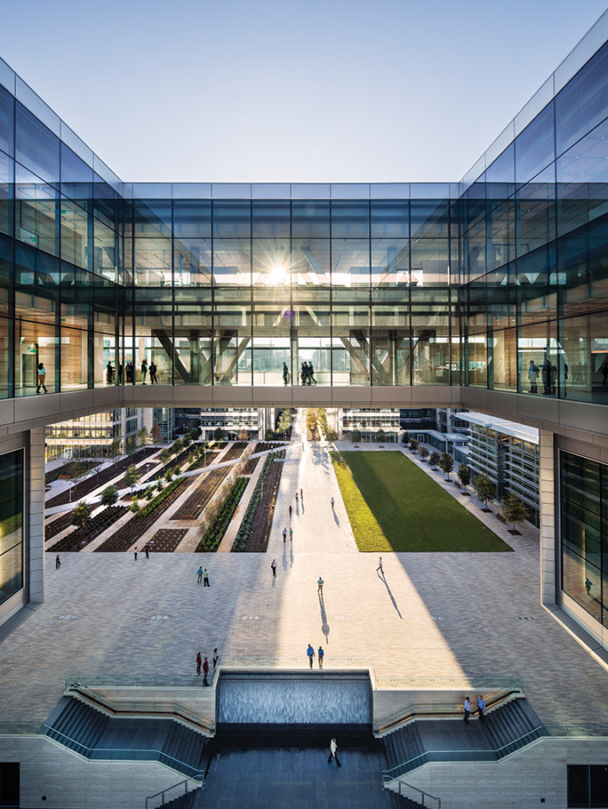 Aerial view of the houston campus buildings and skyway.