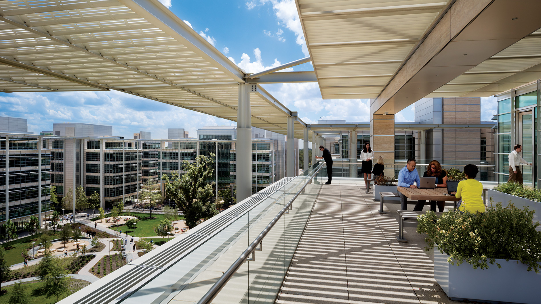 Rooftop balcony view of the houston campus.